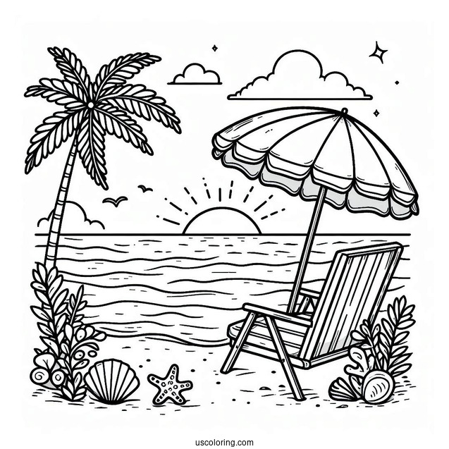 Beach Coloring Page Chair And Umbrella Facing The Sea