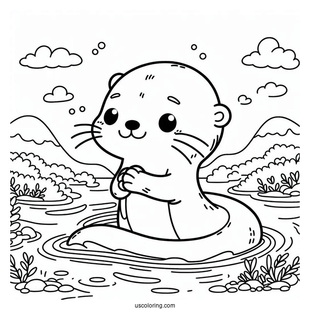 Kawaii Otter Coloring Page Holding Hands While Floating On River