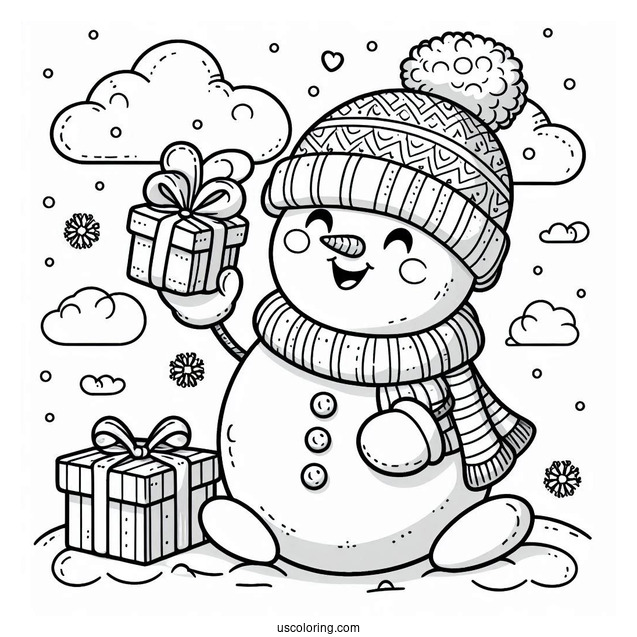 Adorable Snowman Giving a Present To Color