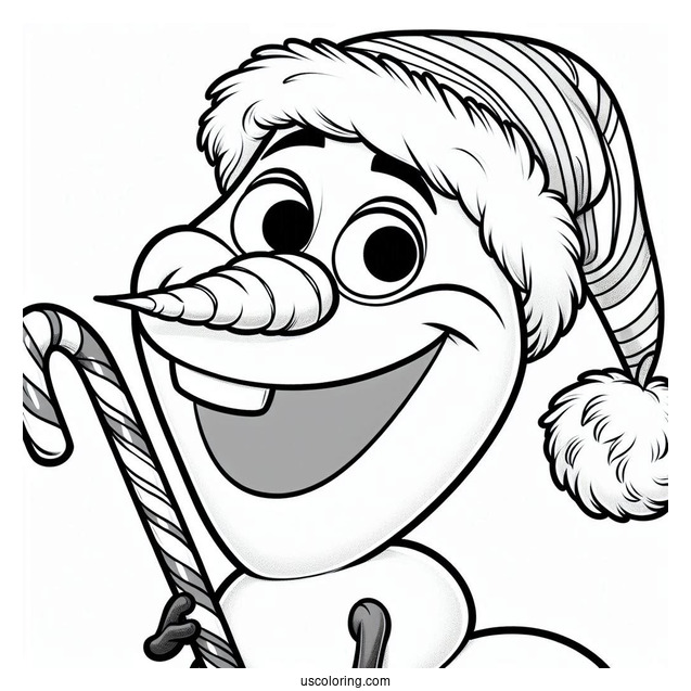 Olaf Wearing Santa Hat With Candy Cane To Color