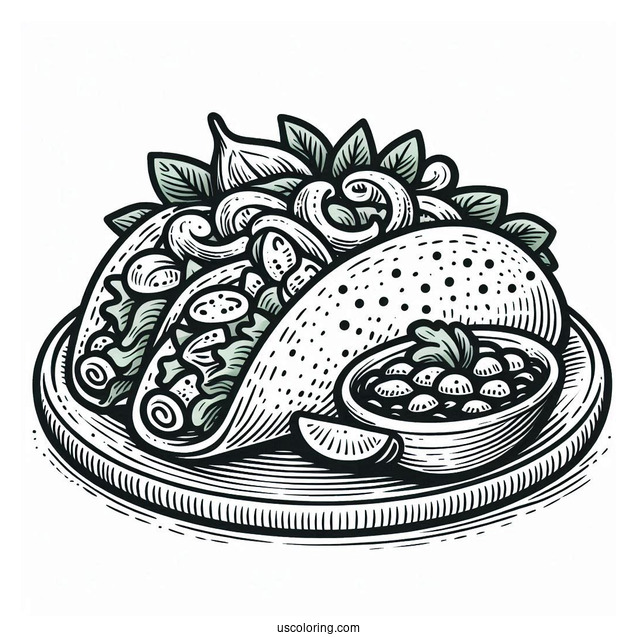 Taco Coloring Page On A Plate With Salsa