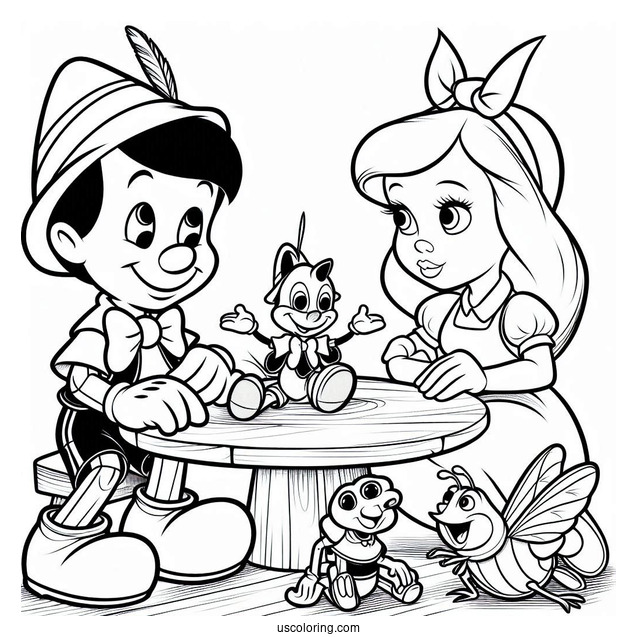 Pinocchio Coloring Page Playing With Figaro, Cleo, And Jiminy Cricket On Table
