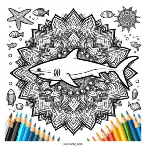 Mandala With Shark Coloring Page Outline