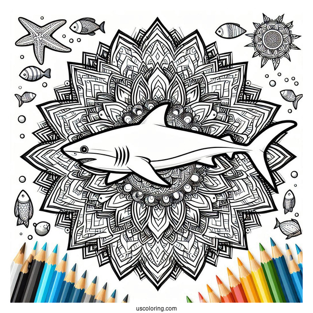 Mandala With Shark Coloring Page Outline