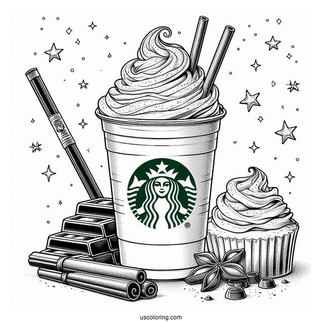 Realistic Starbucks Coloring Page Frappe With Chocolate Bar And Cinnamon Stick