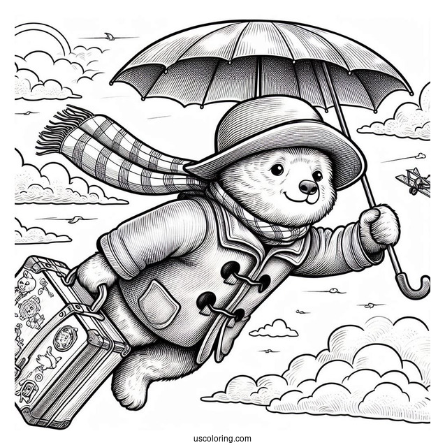 Paddington Coloring Page Flying In The Sky With His Umbrella And Suitcase