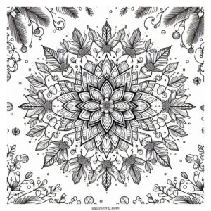 Flower Christmas Mandala Coloring Page Surrounded By Mistletoes