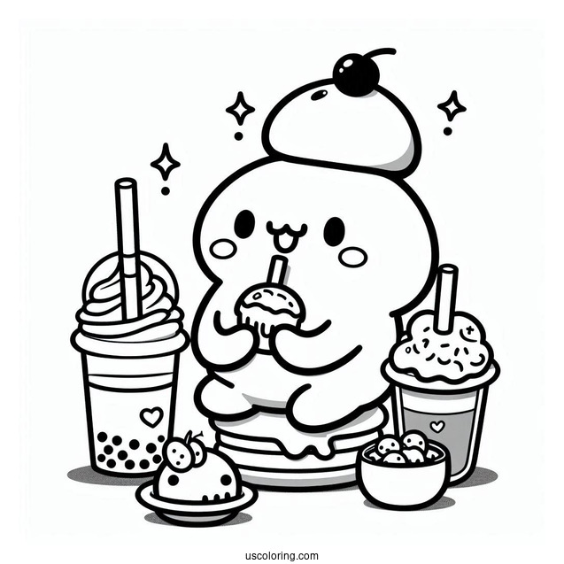 Pochacco Coloring Page Eating Sweets With Choppy On Top Of Boba Tea