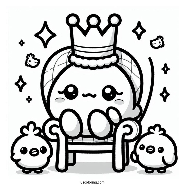 Pochacco Coloring Page Wearing Crown While Sitting On Chair With Choppy And Chicks