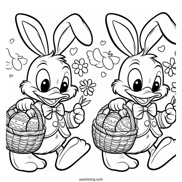 Easter Coloring Page Of Donald Duck As Easter Bunny Carrying Basket Of Eggs