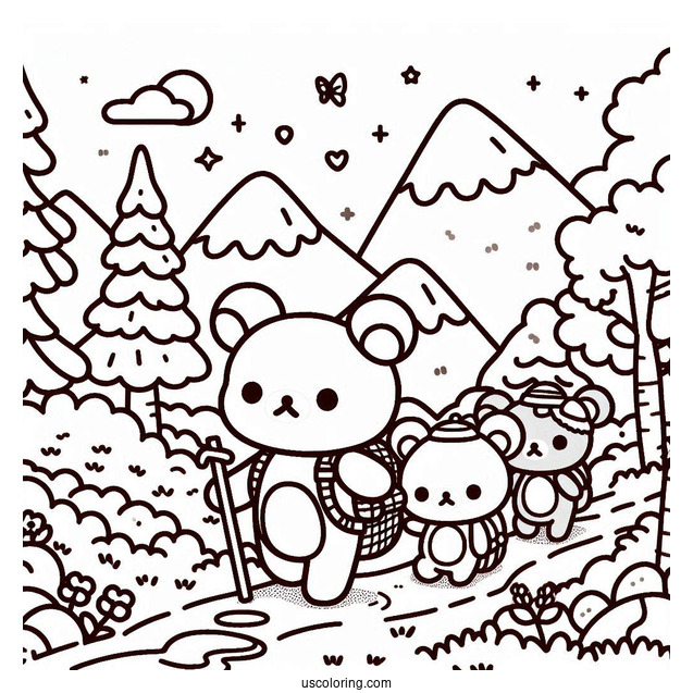 Rilakkuma Coloring Page Hiking With Kiiroitoiri, Korilakkuma, And Chairoikoguma