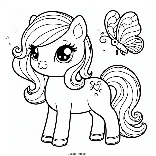 Cute Kawaii Horse With Butterfly To Color