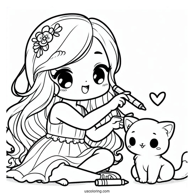 Cute Coloring Page Of Pretty Girl Playing With A Cat