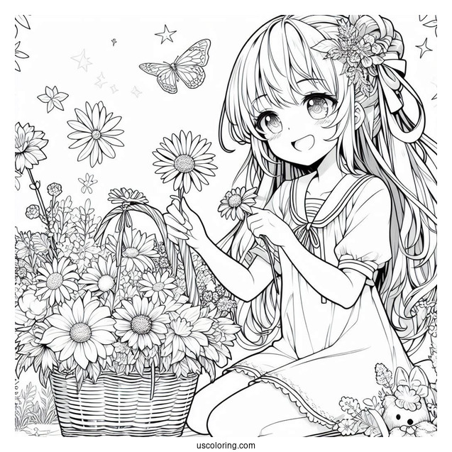 Anime Girl Gathering Flowers In The Summer Coloring Page For Kids