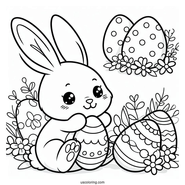 Simple Easter Bunny Coloring Page Outline With Cartoon Eggs