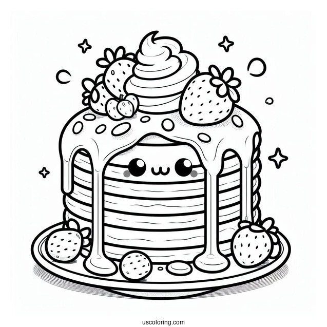 Cartoon Pancake Coloring Page With Overflowing Syrup And Strawberries For Kids