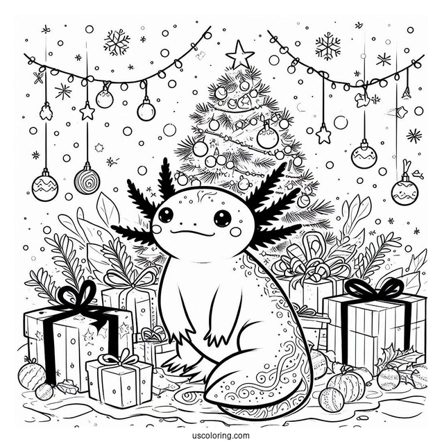 Axolotl Coloring Page Standing In The Middle Of Christmas Presents