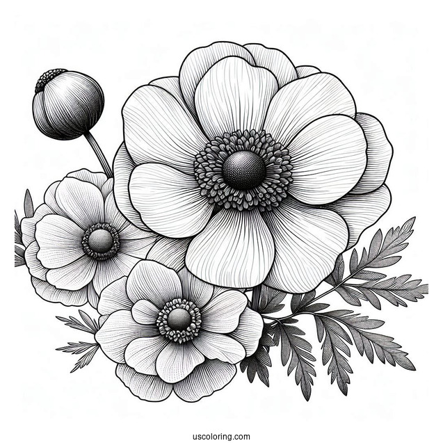 Flower Coloring Pages Of Realistic Anemone For Adults