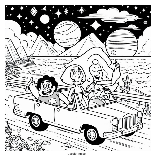 Steven Universe Coloring Page Of Driving Car With Pearl, Amethyst, Bismuth, And Garnet