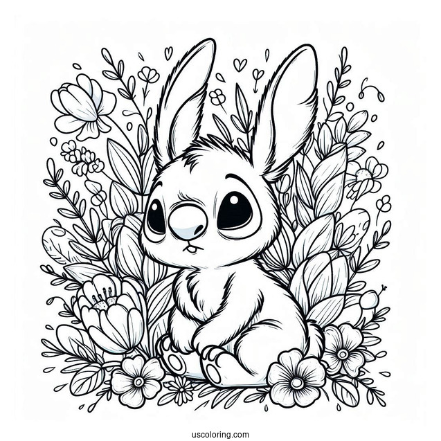 Furry Rabbit Coloring Page With Stitch Surrounded By Flowers
