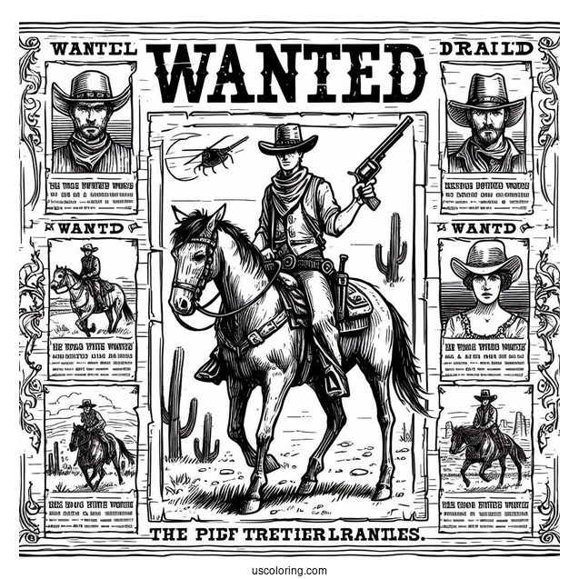 Cowboy Coloring Page Of Detailed Wanted Poster