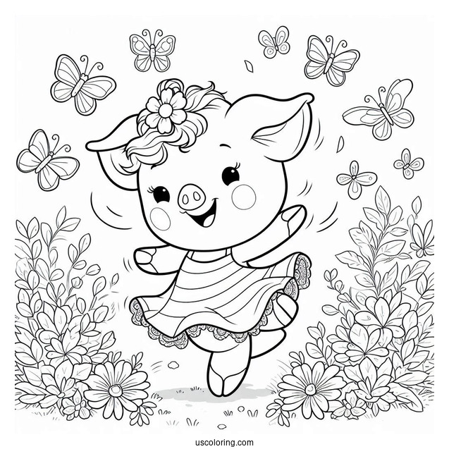 Happy Piglet Coloring Page Dancing In The Garden With Butterflies