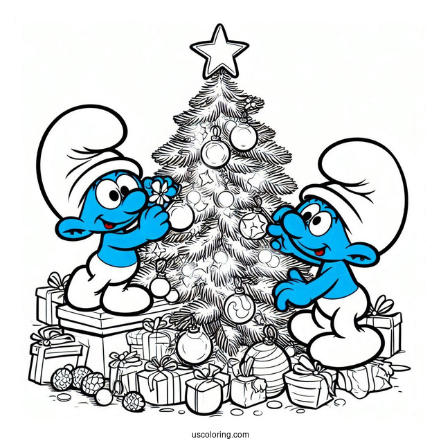 The Smurfs Decorating Christmas Tree Coloring Page