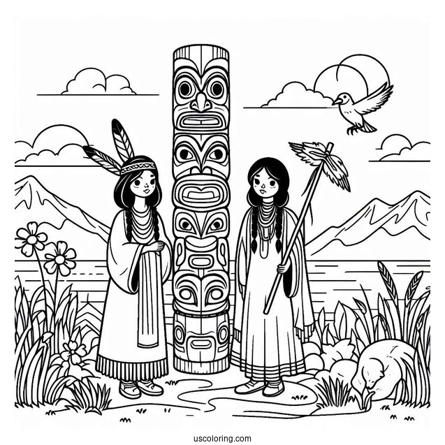 Cartoon Native American Coloring Page Women Beside Totem Pole