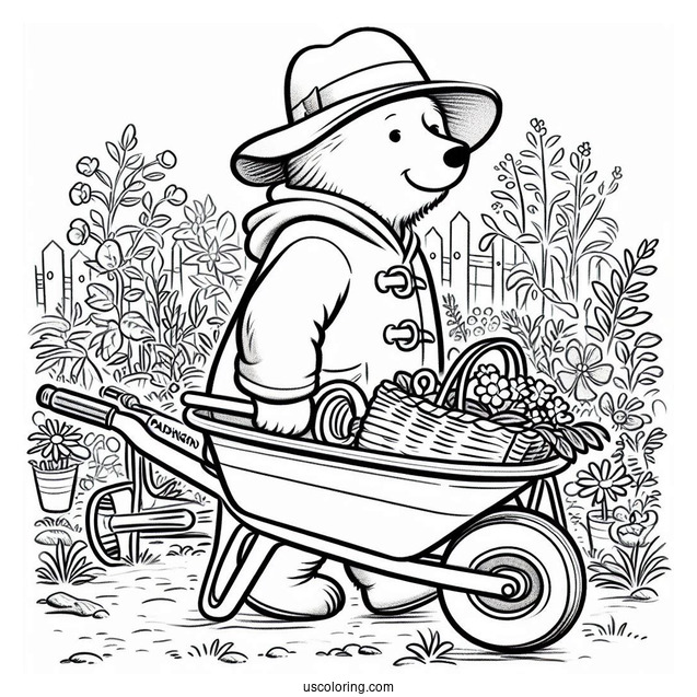 Paddington Coloring Page Pushing A Wheelbarrow Full Of Gardening Tools
