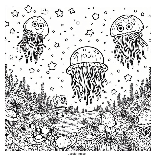 SpongeBob Coloring Page Jellyfish In Jellyfish Fields