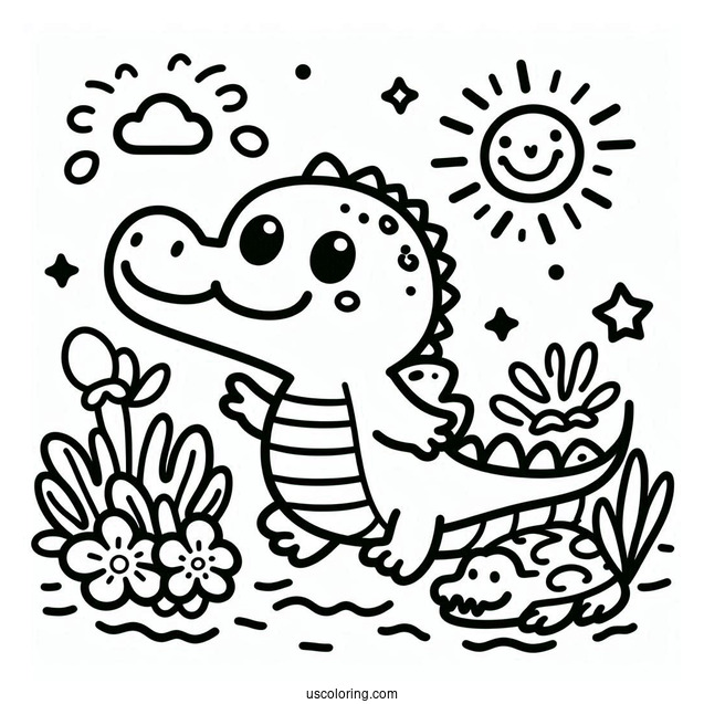 Kawaii Themed Crocodile Coloring Sheet