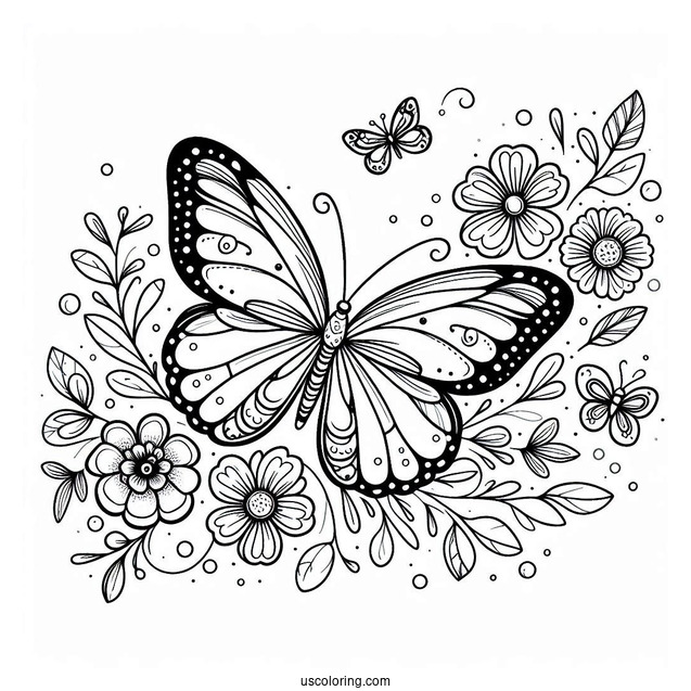 Full Page Butterflies With Flowers Coloring Page