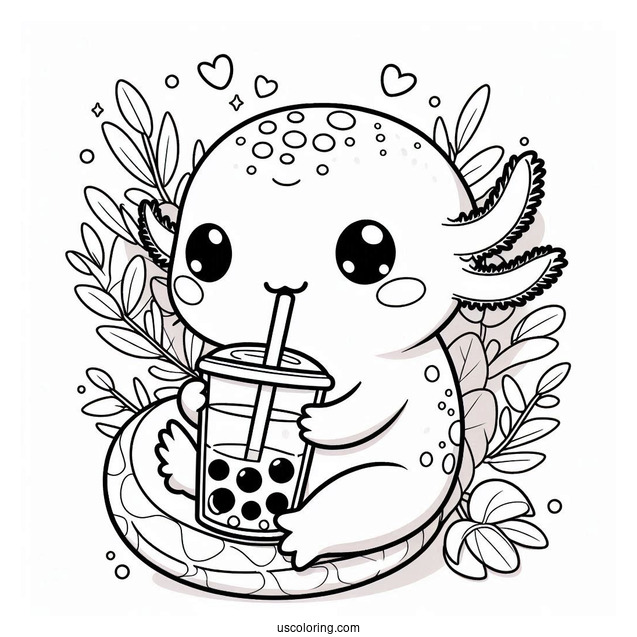 Cute Coloring Page Of Axolotl Drinking A Boba Tea