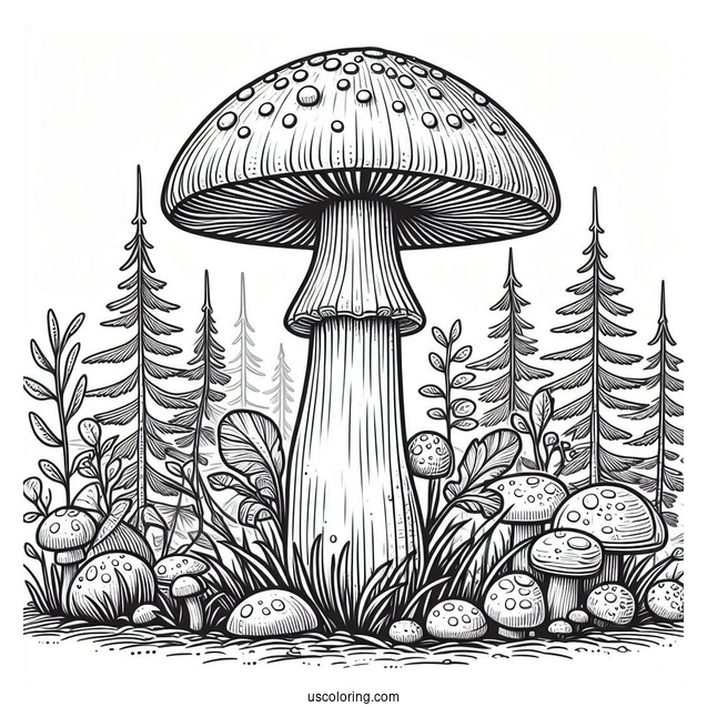 Realistic King Stropharia Mushroom Coloring Page In The Forest