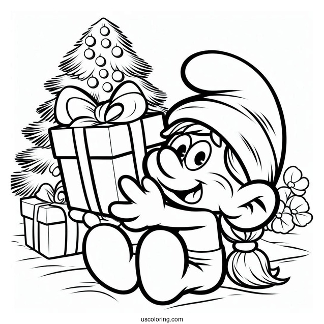 Coloring Page Of Jokey Smurf With Christmas Present