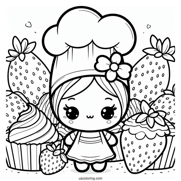Chef Strawberry Coloring Page In Front Of Pastries