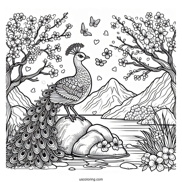 Peacock Coloring Page on Rock with Blossoms and Mountain Landscape