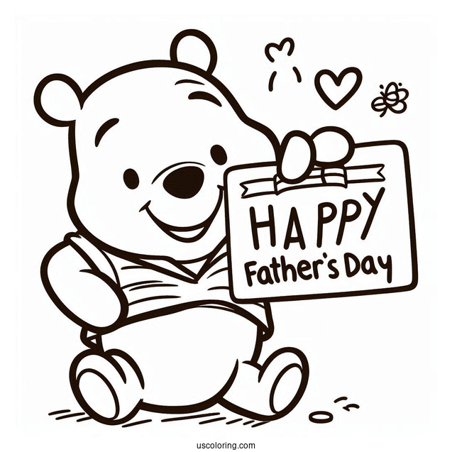 Smiling Winnie The Pooh With A Happy Father's Day Sign Coloring Page For Kids