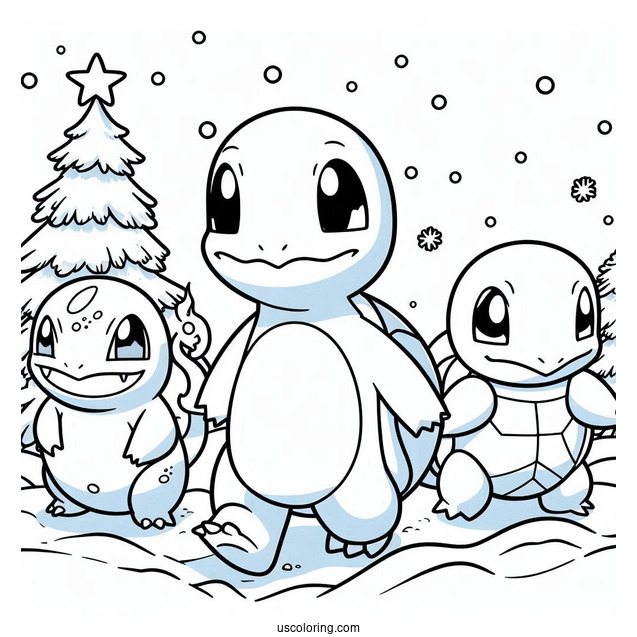 Pokemon Christmas Coloring Page Charmander, Bulbasaur, And Squirtle Walking In The Snow For Kids