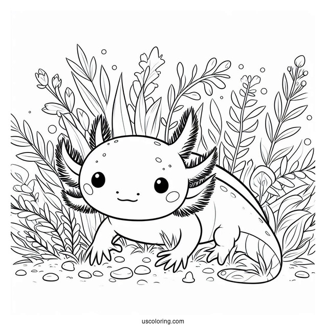 Adorable Little Axolotl Coloring Page Surrounded By Weeds