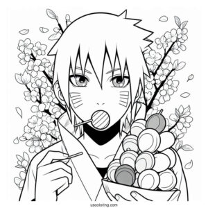 Uchiha Sasuke Coloring Page With Sakura Eating Tricolor Dango