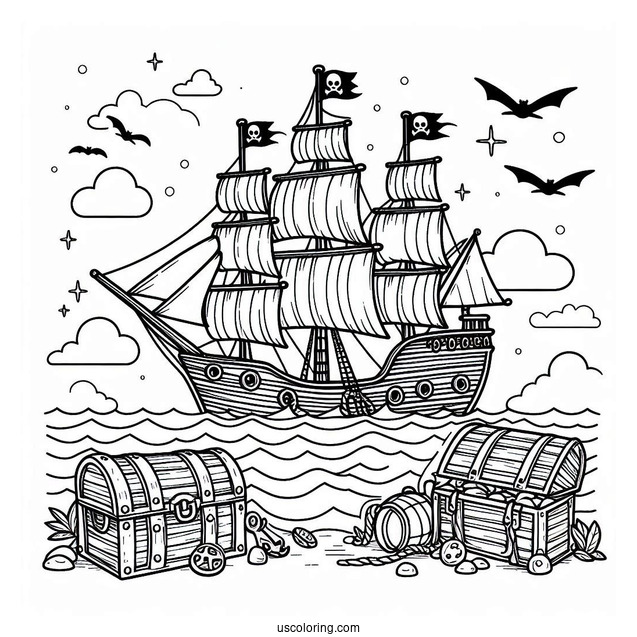Simple Pirate Ship Coloring Page At Sea With Treasure Chests For Kids