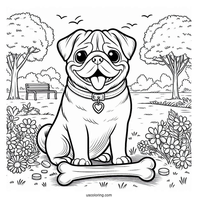 Pug In a Park With Bone To Color