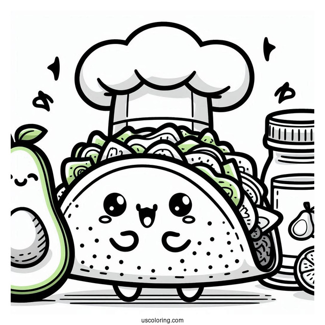 Cartoon Taco With Chef Avocado Coloring Page For Kids