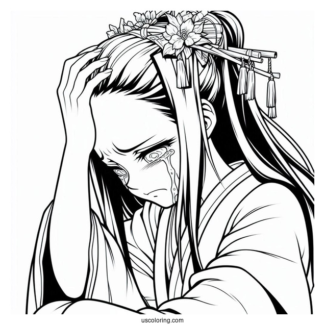 Nezuko Coloring Page Holding Head While Crying