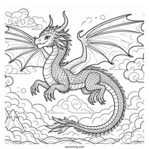 Dragon Flying In A Cloudy Sky Coloring Page