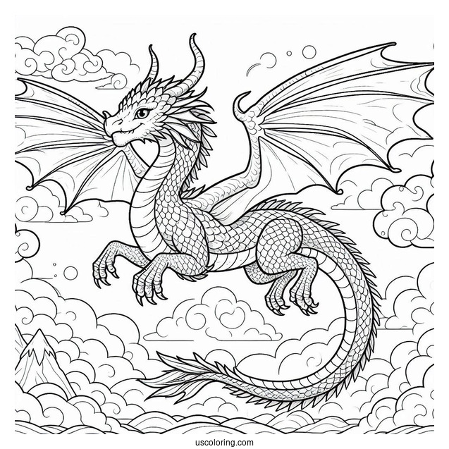 Dragon Flying In A Cloudy Sky Coloring Page