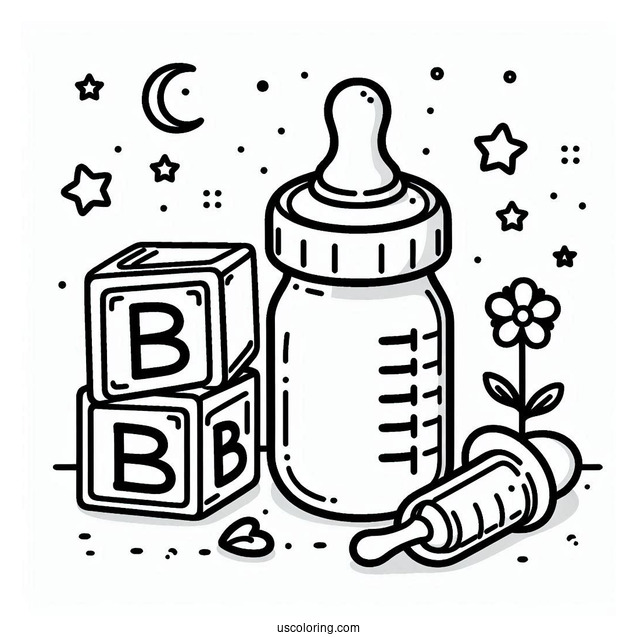 Baby Coloring Page Of Bottle, Pacifier, And Letter Blocks