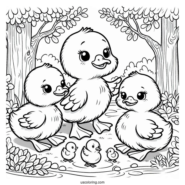 Three Little Ducklings In The Forest Coloring Sheet For Kids