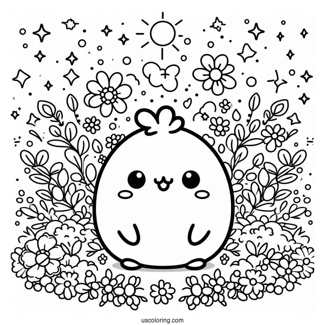 Cute Coloring Page Of Pompompurin Surrounded By Flowers And Stars